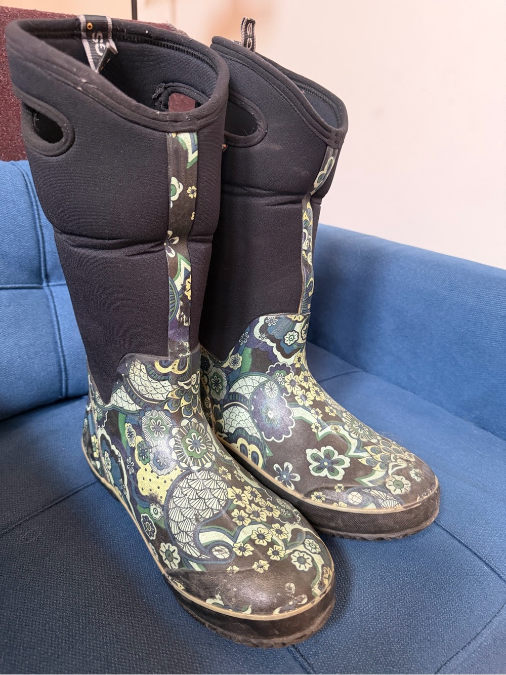 Bogs Women's Black Boots with Green Floral Pattern